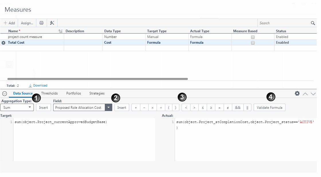 User Interface elements of the formula editor. Labeled elements are described in the corresponding table of screen highlights.