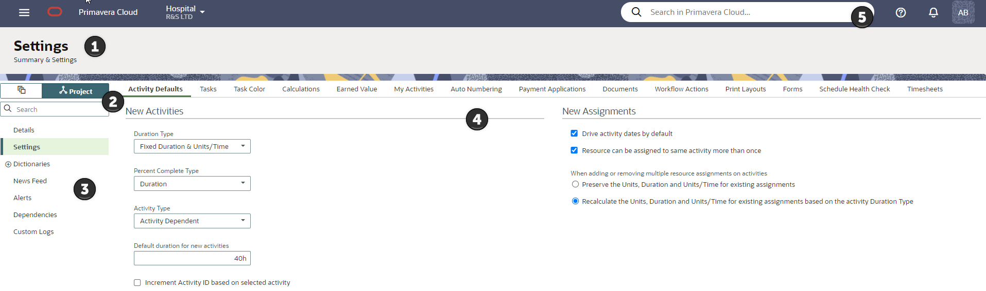 General navigation elements in Oracle Primavera Cloud Summary and Settings panel. Labeled elements are described in the corresponding table of screen highlights.